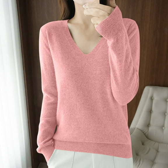 Idoravan Womens Tshirts V Neck Long Sleeve Tops Tee Solid Color Blouse Women's Fashion V-Neck Long Sleeve Loose Solid Color Blouse Pink S