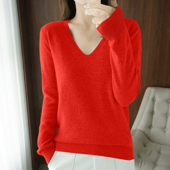Idoravan Womens Tshirts V Neck Long Sleeve Tops Tee Solid Color Blouse Women's Fashion V-Neck Long Sleeve Loose Solid Color Blouse Red S