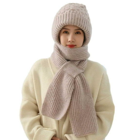 Idoravan Womens Winter Beanie Hat Scarf Set Integrated Ear Protection Windproof Cap Scarf 2 In 1 Winter Warm Knitted Hat Scarf Thickening Hat Scarf Khaki