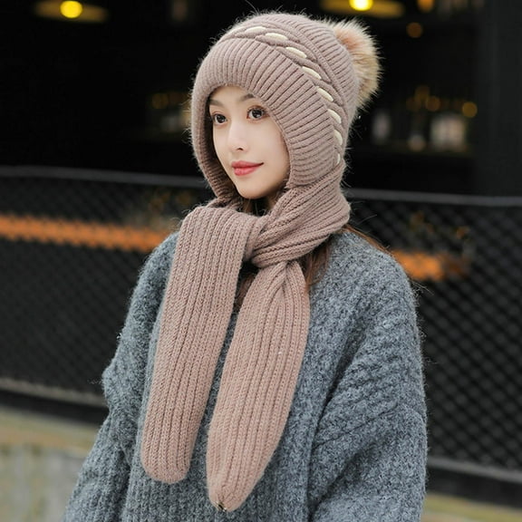 Idoravan Womens Winter Beanie Hat Scarf Set Integrated Ear Protection Windproof Cap Scarf 2 In 1 Winter Warm Knitted Hat Scarf Khaki