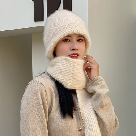 Idoravan Womens Winter Beanie Hat Scarf Set Winter Women Solid Color Fashion Padded Thickened Hat Scarf Warm Ear Protection Head Warm Wind and Snow Hat White