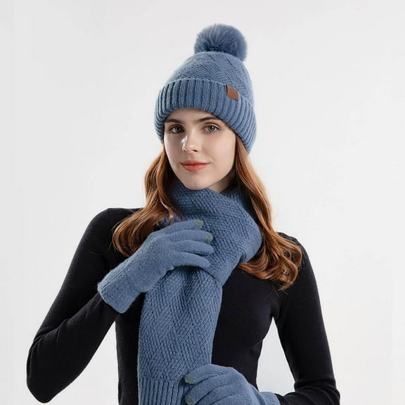 Idoravan Womens Winter Beanie Hat Scarf Set Women's and Winter Woolen Hat Warm Scarf Gloves Three Piece Ear Protection Pullover Hat Blue