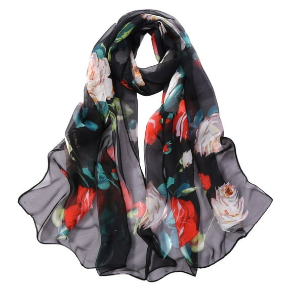 Idoravan Womens Winter Scarf Fashion Women Roses Printing Long Soft Wrap Scarf Simulation Silk Shawl Scarves Black
