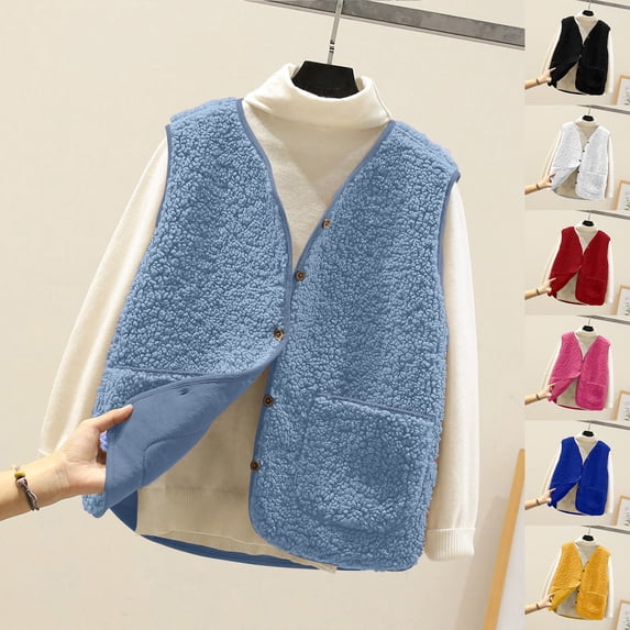 Idoravan Womens Winter Vest Plus Size Women Pocket Coat Short Jacket Winter Sleeveless Fleece Button Solid Outerwear Pink XXXXXL