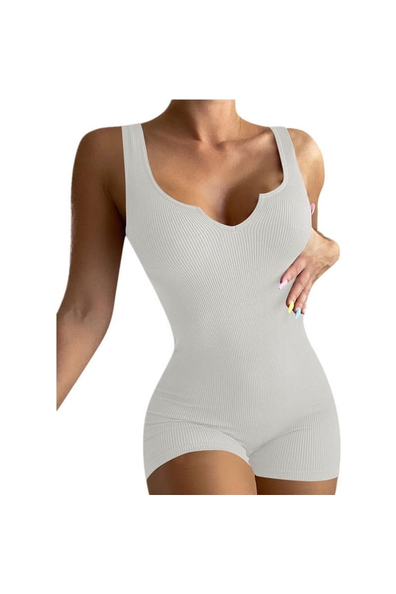 Yoga Rompers for Women Women's Solid Color Casual Knit Ribbed V-Neck Tank Top Sleeveless Slim Fit Sports Shorts Jumpsuit