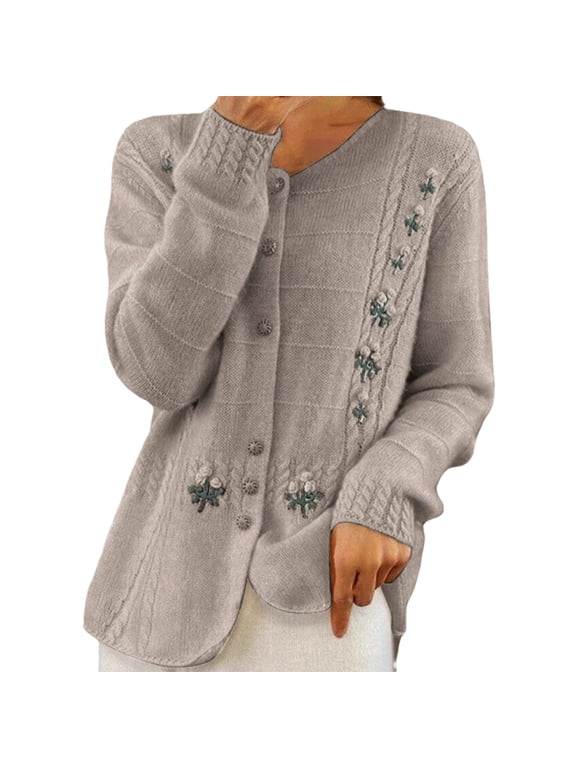 cardigan sweaters for women 50% off Clear Ladies' And Winter Vintage Round Neck Embroidered Knitted Cardigan Sweater Jacket Coffee S