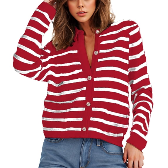 Idoravan cardigan sweaters for women 50% off Clear Women's Casual Striped Loose Cardigan Long Sleeved Round Neck Sweater Jacket Red S