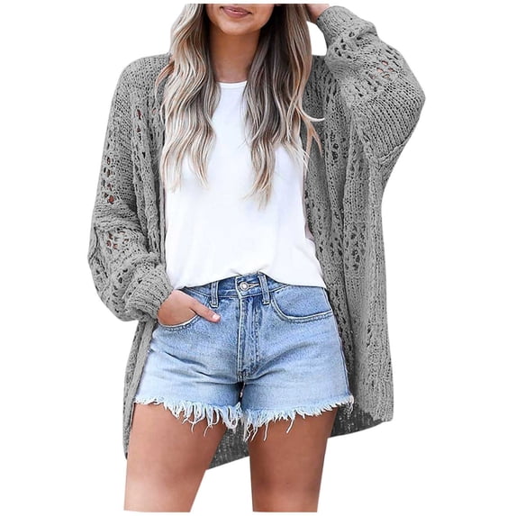 Idoravan cardigan sweaters for women 50% off Clear Women's Fashion Sweater Coat Top V-neck Loose Hollow Out Sleeve Coat Gray M