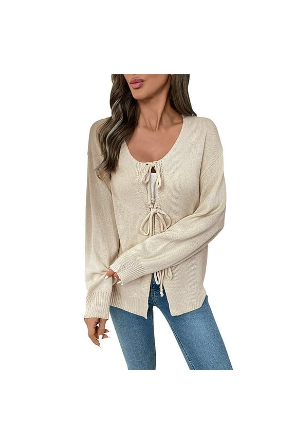 cardigan sweaters for women 50% off Clear Women's Casual Loose And Versatile Knitted Cardigan With Ties Solid Color Sweater Sweater Jacket Beige S
