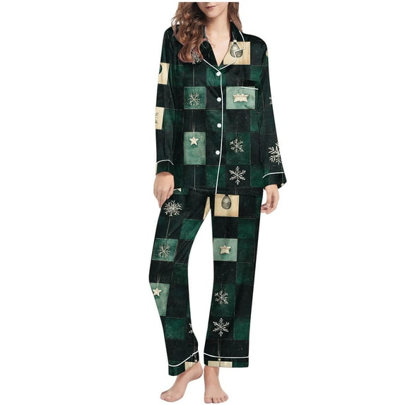 Idoravan christmas pajamas for women button up pajamas women plus size Ladies' Casual Fashion Christmas Long Sleeved Lapel Set Casual Top Pants Pajama Set Green S