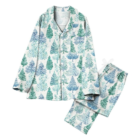 Idoravan christmas pajamas for women button up pajamas women plus size Ladies' Casual Fashion Christmas Long Sleeved Lapel Set Casual Top Pants Pajama Set Light Blue XL