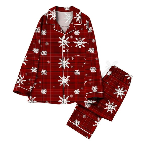 Idoravan christmas pajamas for women button up pajamas women plus size Ladies' Casual Fashion Christmas Long Sleeved Lapel Set Casual Top Pants Pajama Set Red M