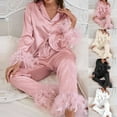thumbnail image 1 of Idoravan christmas pajamas for women button up pajamas women plus size Women's Satins Silk Feather Detachable Nightwear Tops Long Blouse Trousers Two-Piece Pajamas Sets Pink XL, 1 of 10