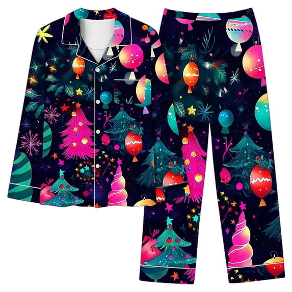 Idoravan christmas pajamas for women button up pajamas women plus size Women's Spring/Summer Floral Printed Round Neck Long Sleeve T-shirt Multicolor L