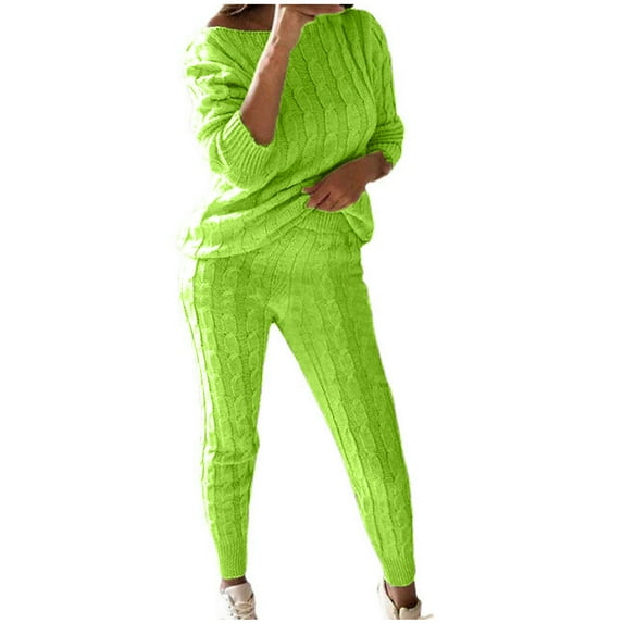 Idoravan clearance Deals Womens Sets Clothing Clearance Womens Solid Color Off Shoulder Long Sleeve Cable Knitted Warm Two-Piece Long Pants Sweater Suit Set Green XXXXL