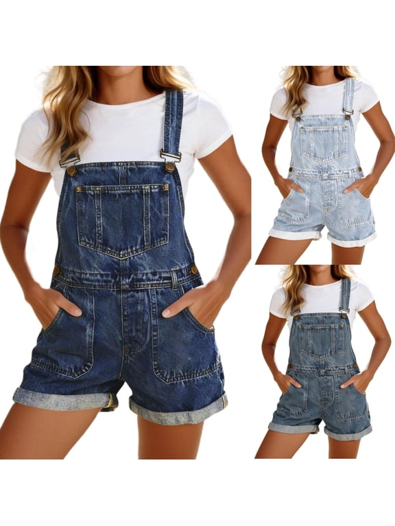 Jean Jumpsuit for Women Denim Shorts Womens Overalls Denim Shorts Fashion Women's Casual Denim Shorts Pockets Button Mini Short Overall Shorts
