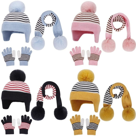 Idoravan winter hats for Boys Winter Knit Three Piece Sets Boys' And Girls' Striped winter hats Outdoor Warm Three-piece Set Knitted Woolen Hat Boys' And Girls' Fleece Earmuff Gloves Scarf Red