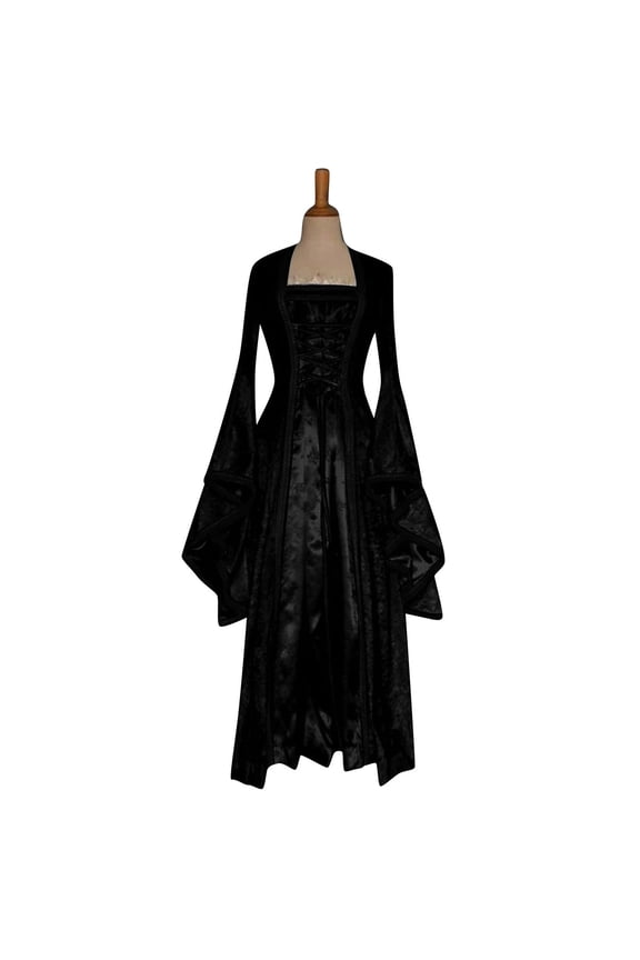 Womens Dresses Festive Evening Dresses Women Women‘s ’Renaissance Costume Gown Lace Up Trumpet Sleeves Gothic Medieval Dresses Black L