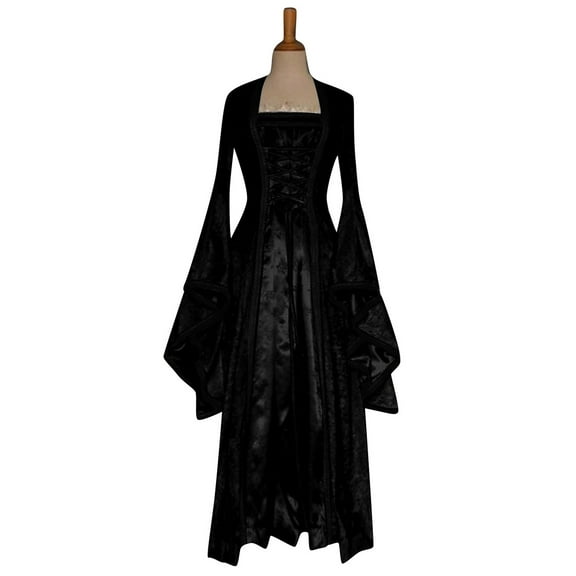 Idoravan Womens Dresses Festive Evening Dresses Women Women‘s ’Renaissance Costume Gown Lace Up Trumpet Sleeves Gothic Medieval Dresses Black M