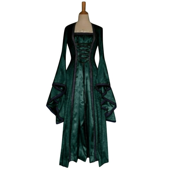 Idoravan Costume Party Dresses for Women October Party Dresses Women Women‘s ’Renaissance Costume Gown Lace Up Trumpet Sleeves Gothic Medieval Dresses Green XL