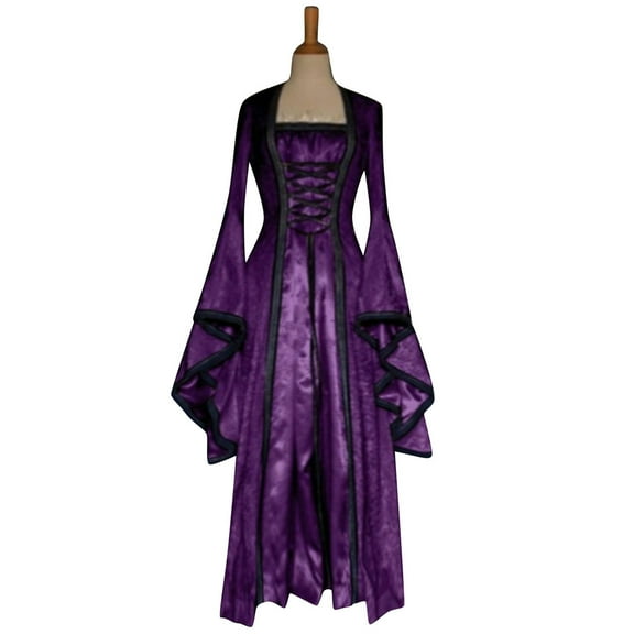 Idoravan Costume Party Dresses for Women October Party Dresses Women Women‘s ’Renaissance Costume Gown Lace Up Trumpet Sleeves Gothic Medieval Dresses Purple XXL