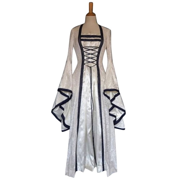 Idoravan Costume Party Dresses for Women October Party Dresses Women Women‘s ’Renaissance Costume Gown Lace Up Trumpet Sleeves Gothic Medieval Dresses White XXL