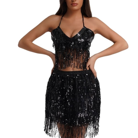 Idoravan Womens Dresses Womens Clubwear Dresses Women's Hip Scarf Sequined Tassel Waist Scarf Adult Female Belly Dance Dress Bandage Waist Chain Skirt Black XL