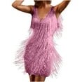 thumbnail image 1 of Idoravan Clear！Womens Dresses Womens Clubwear Dresses Tassel Latin Dance Dress Sleeveless Women's Sexy Low Cut V-neck Sleeveless Solid Color Dress With Tassel Skirt Pink M, 1 of 9