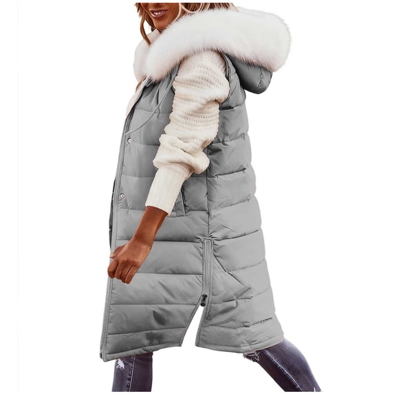 Idoravan womens winter jackets with a fur hood Women's Casual Winter Long Puffer Stand Collar Sleeveless Puffy Jackets Coat With Pockets Gray XXL