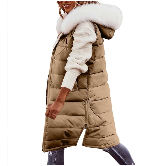 Idoravan womens winter jackets with hood Women's Casual Winter Long Puffer Stand Collar Sleeveless Puffy Jackets Coat With Pockets Khaki XXXXL