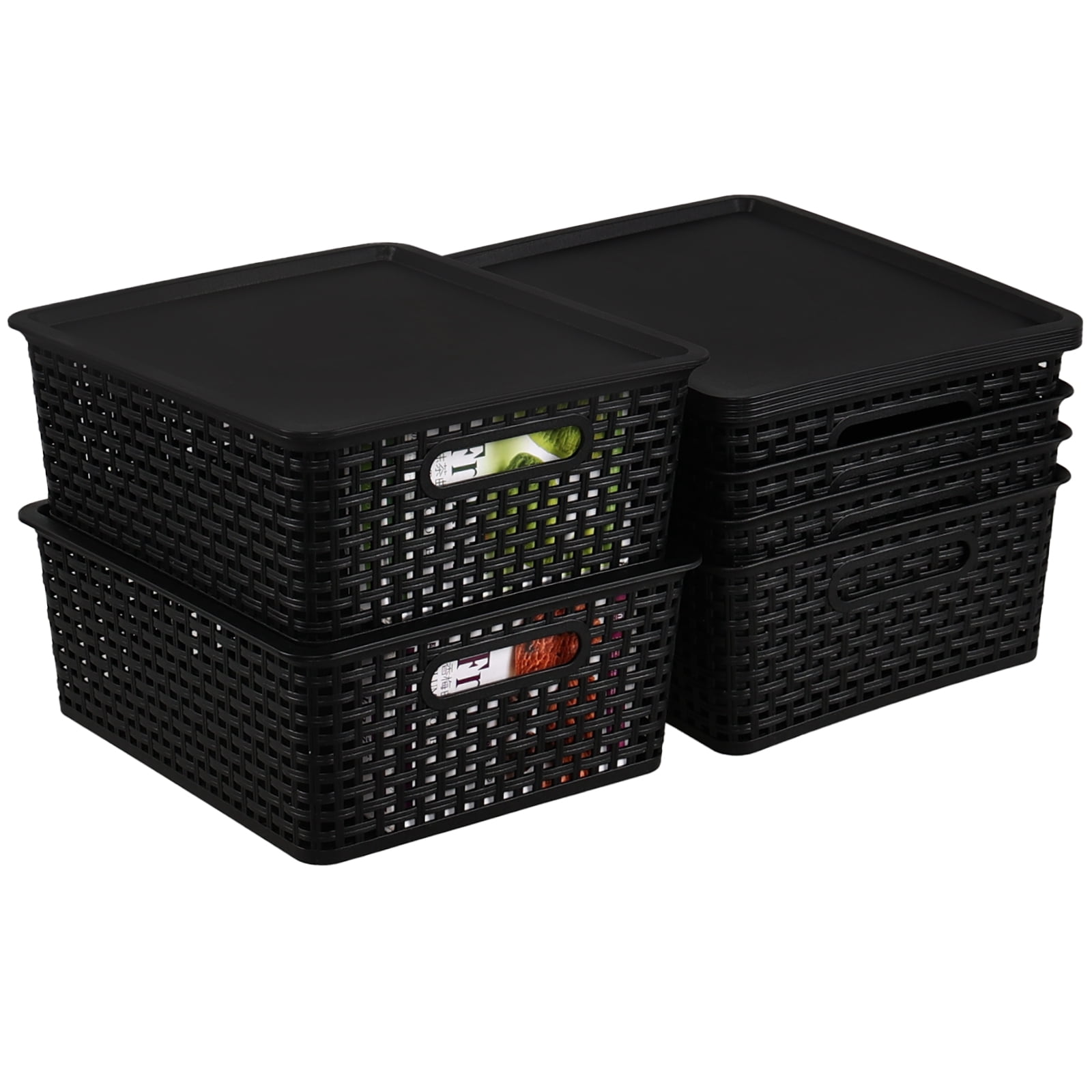 Idotry 6 Pack Large Stackable Storage Baskets with Lids, Plastic Lidded Storage Basket Bins for Shelves Closet Bathroom, 13.86"x 11.42"x 5.24", Black