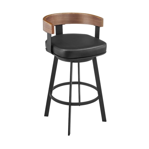 Idris 30" Swivel Bar Stool in Black Iron with Walnut Finish and Vintage Black Faux Leather