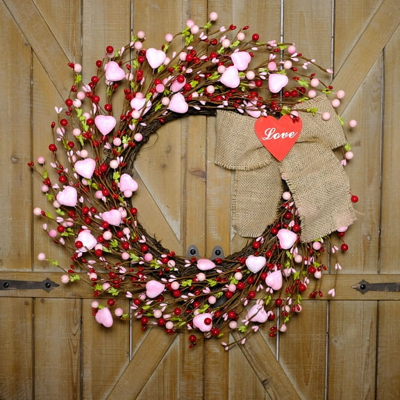 Idyllic 18 Inch Artificial Valentine's Day Wreath, Spring Pink Love Berry Wreath for Valentine's Day Wall Decorations,for Family Wedding Party Anniversaries Wreath