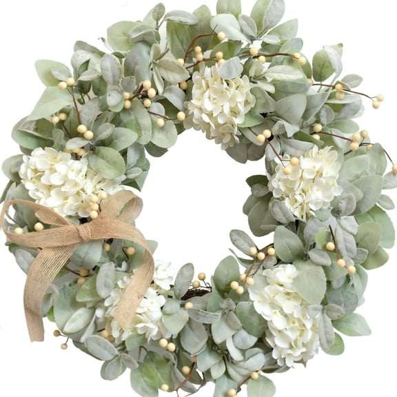 Idyllic 18 Inch Lambs Ears Leaves Everyday Wreath with Ivory Hydrangea and Cream Berries, Spring Summer Greenery Wreath with Burlap Ribbon Bow Knot for Doors, Rustic and Farmhouse Style Home Decor