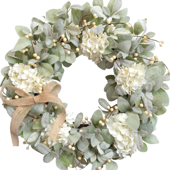 Idyllic 18" All-Season Bunny Ear Wreath for Front Door, Artificial with White Hydrangea & Berries