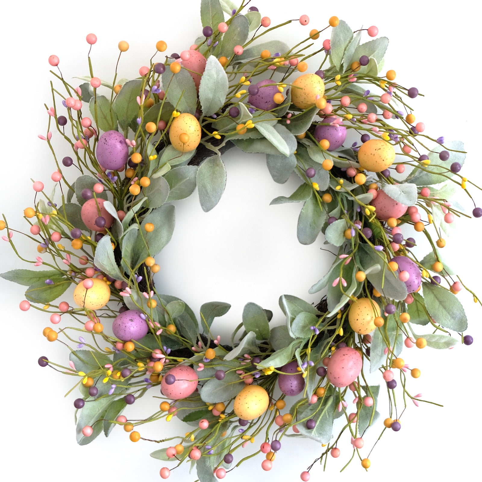 Idyllic 18 Inch Spring Easter Colorful Eggs Eucalyptus Leaves for Front Door, Eggs Berries Wreath with Artificial Green Leaves for Inside and Outside, Summer Spring Home Decor Wreath