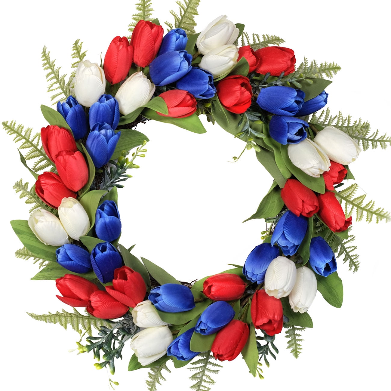 Idyllic 18 Inch Tulip Wreath For Patriotic Independence Day And Jul 4th Home Decorations, Red White Blue Artificial Flower Wreath