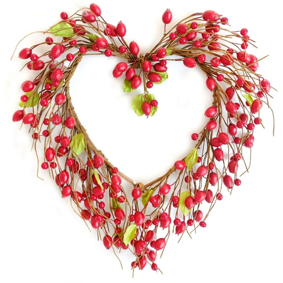 Idyllic 18 Inch Valetine's Day Heart Vine Red Berries Wreath With Leaves For Front Door And Home, Rustic And Farmhouse Heart Shape Berries Wedding Wreath