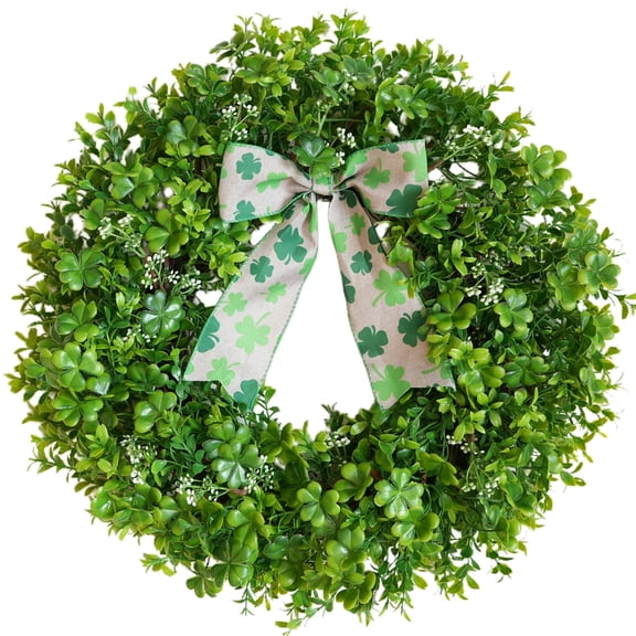 Idyllic 18" St. Patrick's Day Shamrock Wreath, Green Foliage with Clover Ribbon Bow