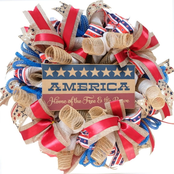 Idyllic 20" Patriotic Burlap Mesh Wreath, Red, White, & Blue