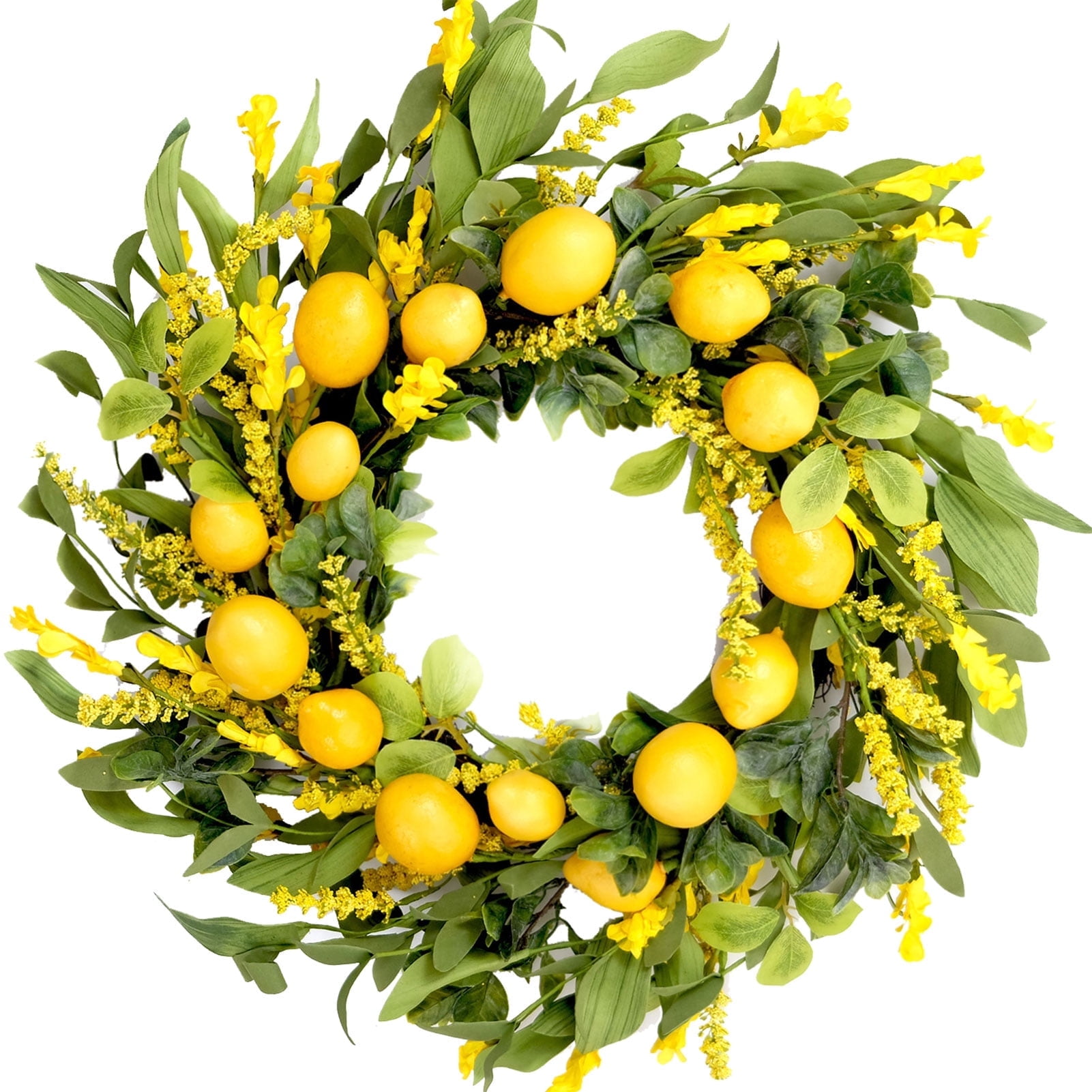 Idyllic 20 inch Artificial Lemon Wreath Spring Summer Fruit Wreath with Yellow Lemon and Artificial Green Leaves for Front Door, Window and Wall Hanging Decorations, Holiday Decorations