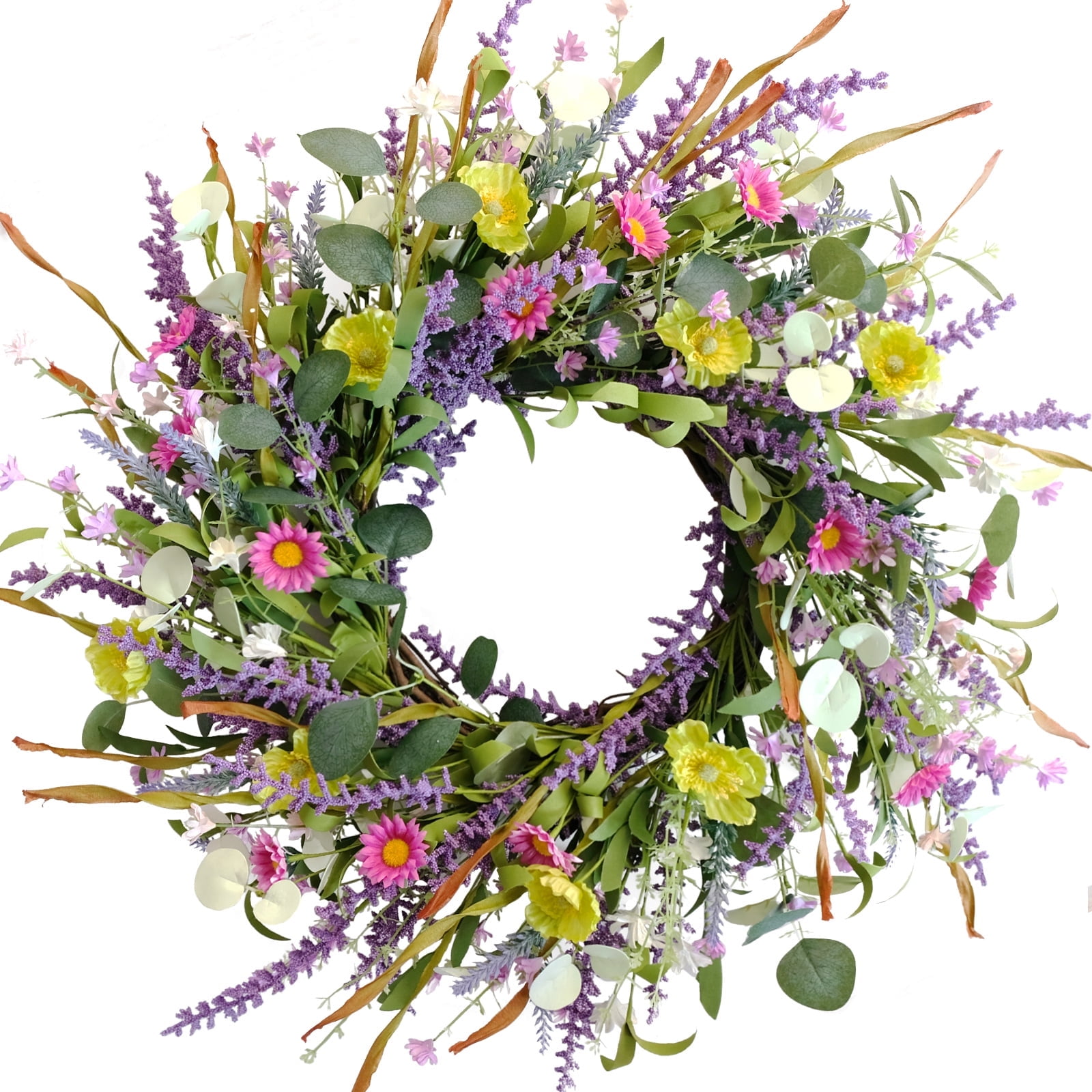 Idyllic 22 Inch Spring Summer Wild Flower Artificial Daisy Front Door Wreath, Everyday Greenery Eucalyptus Leaves for Indoor and Outdoor Use, Rustic Farmhouse Style Home Wreath Decor