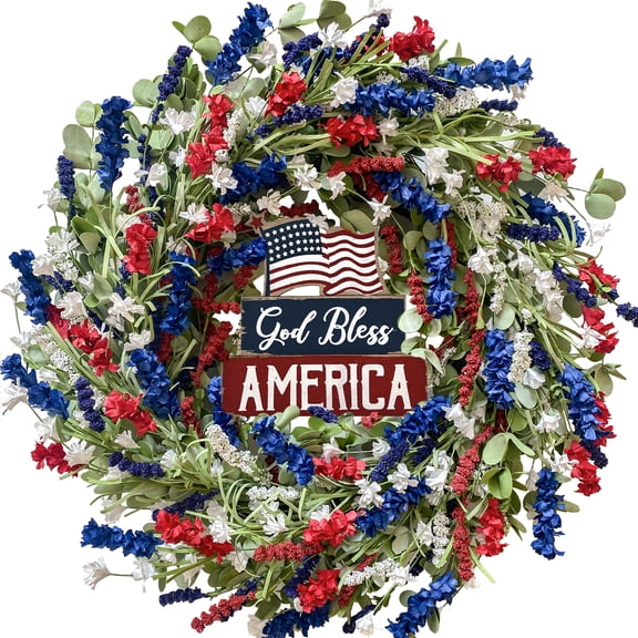 Idyllic 4th of July Independence Day Red White Blue flower Wreath, 20 Artificial flower Stars Wreath Decorations for front door