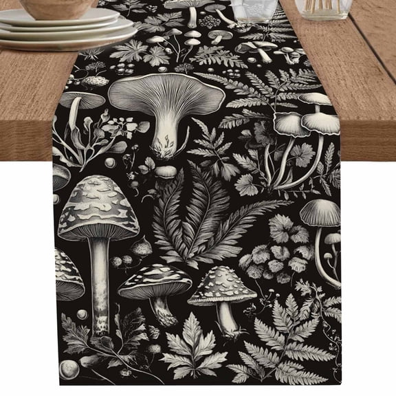 Idyllic Abstract Mushroom on Vintage Table Runner-70 Inch Long Plant Leaves Table Runners Linen Burlap Tablerunner for Kitchen Dining Room Holiday Party