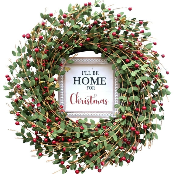 Idyllic Christmas Wreath for Front Door, 20’’ Berries Green Wreath with Merry Christmas sign, Winter Decorations for Christmas Farmhouse Harvest Home Outdoor/Indoor