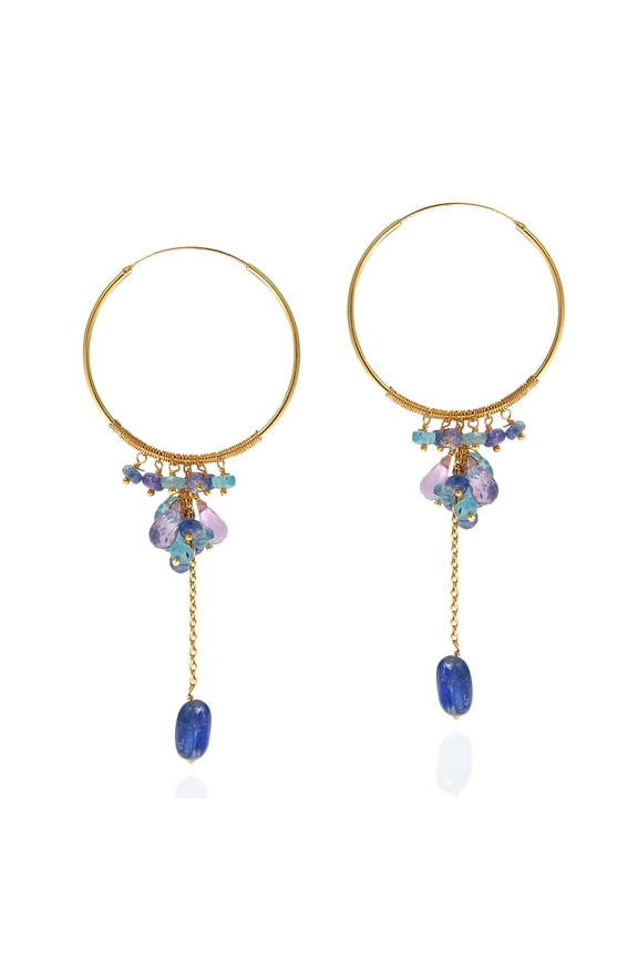 Idyllic Clustered Natural Amethyst Kyanite Drop Gold over .925 Hoop Earrings