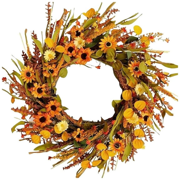 Idyllic Fall Wreath With Yellow & Orange Daisies, Wheat And Green Leaves, Autumn Front Door Decor, Outdoor Thanksgiving Wreath