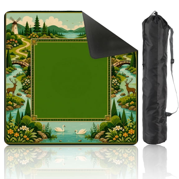 Idyllic Forest Landscape Mahjong Mat 31.5" x 31.5" Non-Slip Noise Reduction deer swans windmills decorative American Table Mat for Mahjong Tiles Dominoes Card Board Game Gifts