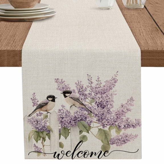 Idyllic Lavender Bird on Linen Table Runner-36 Inch Long Watercolor Flower Leaves Table Runners Linen Burlap Tablerunner for Kitchen Dining Room Holiday Party