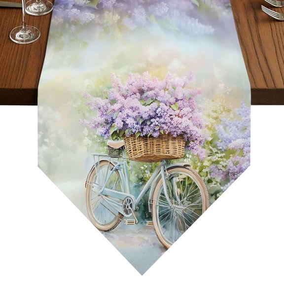 Idyllic Lavender Table Runner for Dining Room, Welcome Bicycle Purple Flower Leaf Cotton Linen Dining Table Runner Tablecloth Dresser Scarves for Kitchen Cafe 16x72 Inches Long